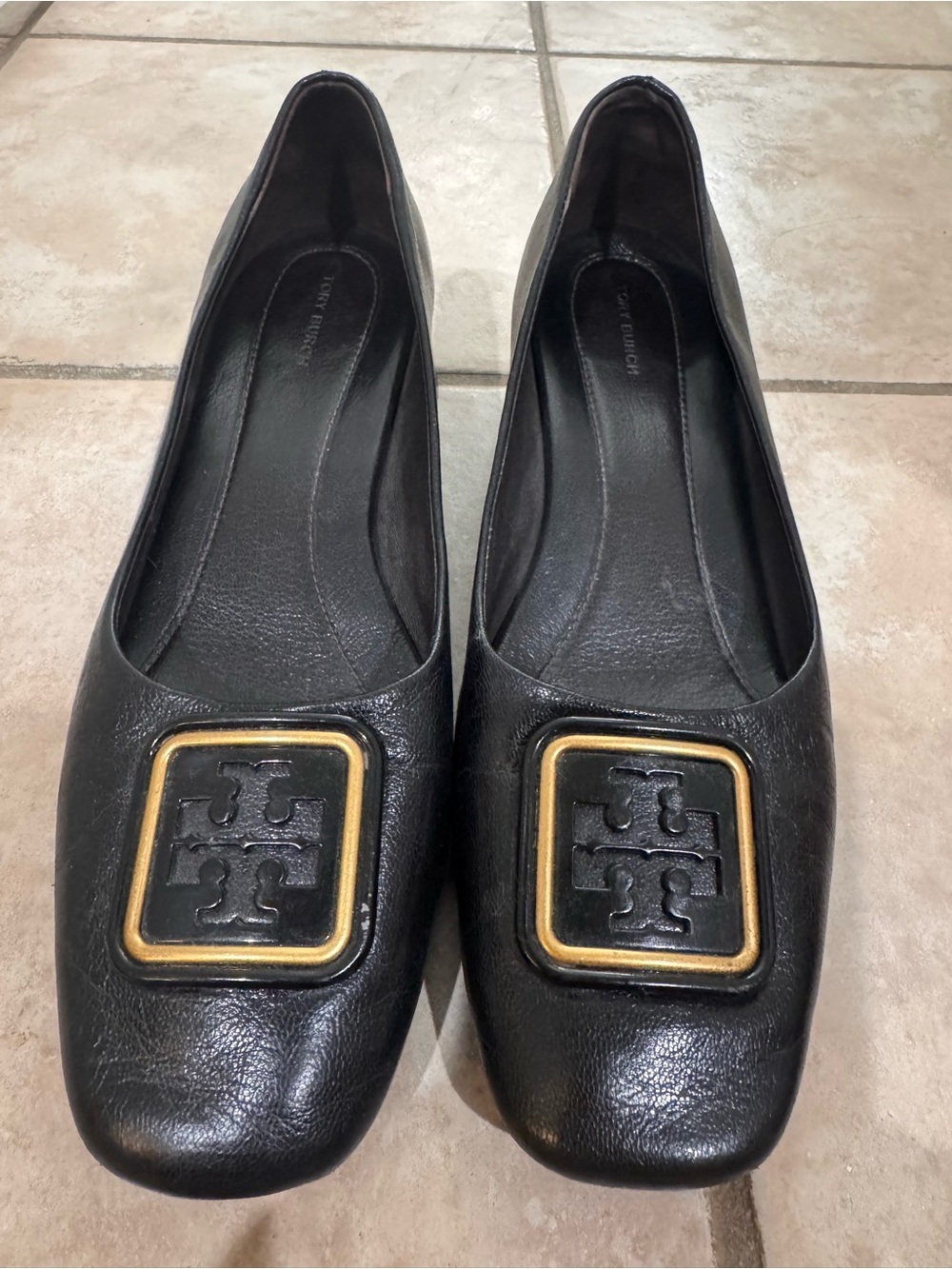 Tory Burch Georgia Black Leather Flats with Gold Logo Plaques size 10